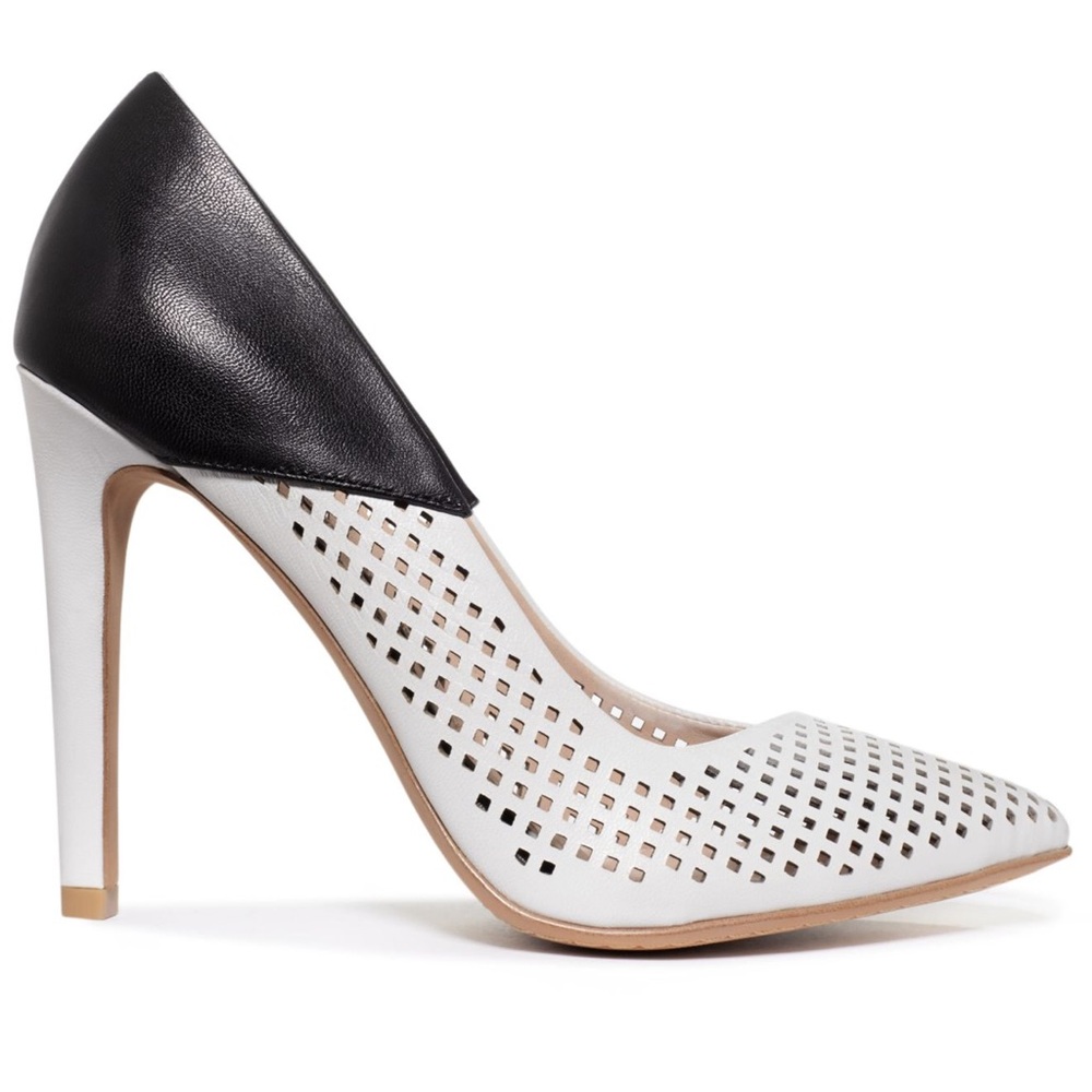 French Connection perforated white and black pump